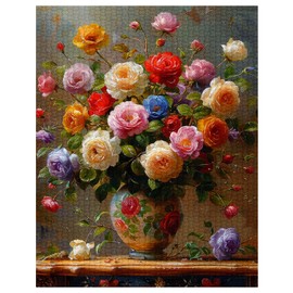 Tucocoo Colorful Roses in Vase Jigsaw Puzzles for Adults 1000 Pieces, Abstract Vintage Flowers Art Jigsaw Puzzle Colorful DIY Puzzles for Home Decoration Gifts, Family Puzzle Perfect for Game Nights