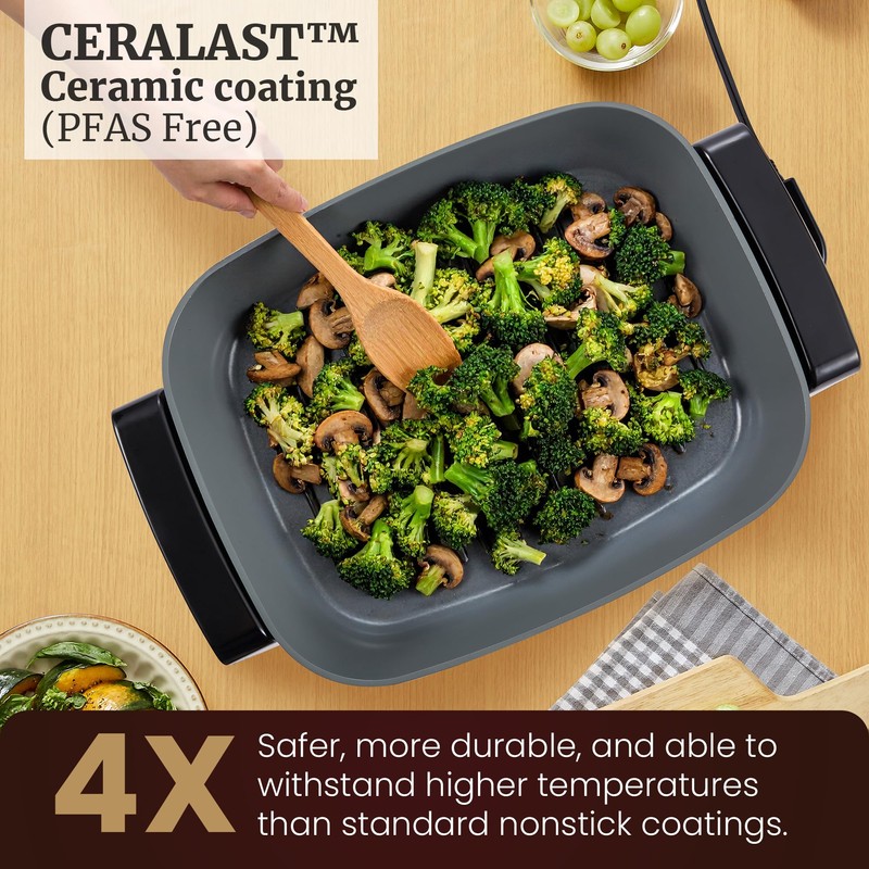 Elite Gourmet Ceralast Ceramic Electric Skillet, 12.5Qt, Black/Gray | Xtra-Deep
