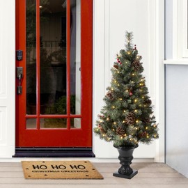 Glitzhome 4ft Pre-Lit Flocked Christmas Tree with 224 Pine Needle & PVC Mixed Tips,100 Warm White Lights, 20 Pinecone and 20 Red Berries,Small Potted Xmas Tree for Home, Office Holiday Decoration