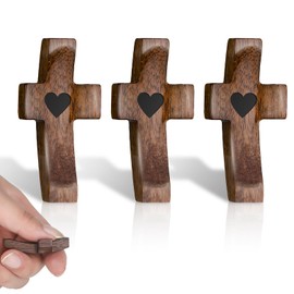 3Pcs Cross My Heart, Encouragement Gift Wooden Handheld Pocket Small Crosses, Wood Comfort Fingertip Stress Relief Cross for Clutching, Clinging and Praying Religious Gift