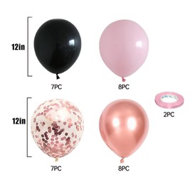 Tourima Balloons Set, 30 Pieces Balloons Pink and Black and Rose Gold with Confetti Balloons, Helium Balloons with Ribbons for Wedding Birthday Girls Baby Shower Decorations