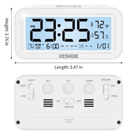 KESHIDE Night Light Digital Alarm Clock Battery Operated with Indoor Temperature Humidity, Desk Small Clock,Snooze Model,12/24H Display for Bedrooms Heavy Sleepers Kids Travel Bathroom (White)