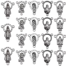 50Pcs Rosary Centerpiece Medalla Milagrosa De La Virgen Maria Charm Alloy Jesus Link Connectors Pendant for Adults Diy Rosary Making Kit Supplies (Tibetan Silver-5 Styles)