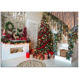 CHAIYA 7x5FT Christmas Photography Backdrops Christmas Fireplace Decoration Background Xmas Tree Gift Holiday Party Decoration Children Family Xmas Party Banner