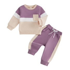 MAHUAOYIXI Toddler Baby Girls Boys Outfits Contrast Color Long Sleeve Sweatshirt Top with Elastic Waist Pants Sets 2Pcs Baby Clothes for Boys Girls Fall Winter Spring (Purple, 2-3 Years)