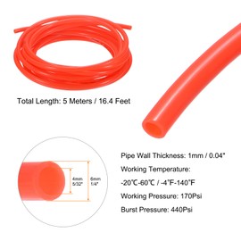 sourcing map Pneumatic Tubing Pipe Pu Hose 6mm OD x 4mm ID 5 Meters(16.4 FT) Air Compressor PU Polyurethane Line Hose Tube for Air Compressor Water Fluid Transfer, Red
