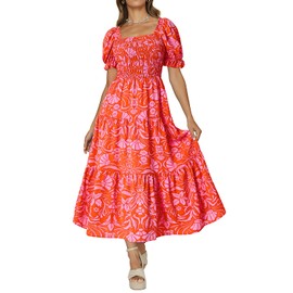 PRETTYGARDEN Women's Boho Floral Print Summer Dresses Square Neck Puff Sleeve A Line Long Dress Smocked Casual Maxi Dress (Orange Rose Red,Large)