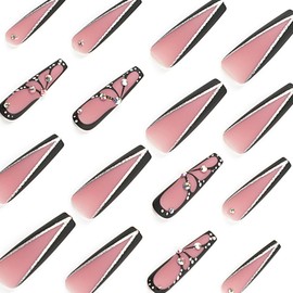 Press On Nails, Summer Spring Beauty Flower Fake Nails, Cute Stick on nails, Short Square Almond Ballet Shape Glue on Nails on 24PCs (Black Butterfly Diamond)