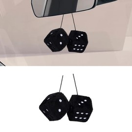 Couslcd Pair Fuzzy Plush Dice for Car Mirror, 2.75'' Retro Square Car Mirror Hanging, Universal Auto Rearview Mirror Ornament, Couple Pendant Charms, Car Accessories for Women (Black)