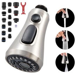 Kitchen Faucet Head Replacement, 3-Function Pull Down Faucet Spray Head with 15 Adapters - Replacement Pull-Out Sink Spout Sprayer Nozzle, Brushed Nickel