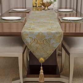 TOPLUXE Handmade Table Runner with Tassels, 33x180cm Luxury Damask Table Runner for Dining Room/Restaurant/Banquet/Festival Decoration (Blue)