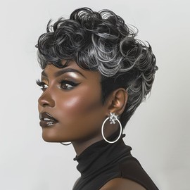 Pixie Cut Wig Short Curly for Black Women - Mixed Grey With Bangs, Natural Short Wigs (Black Mixed Grey)