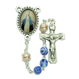 True Faith Jewelry Blue Glass Rosary Prayer Beads Our Lady of Grace Miraculous and Jesus’ Crucifix Cross, 18-Inch