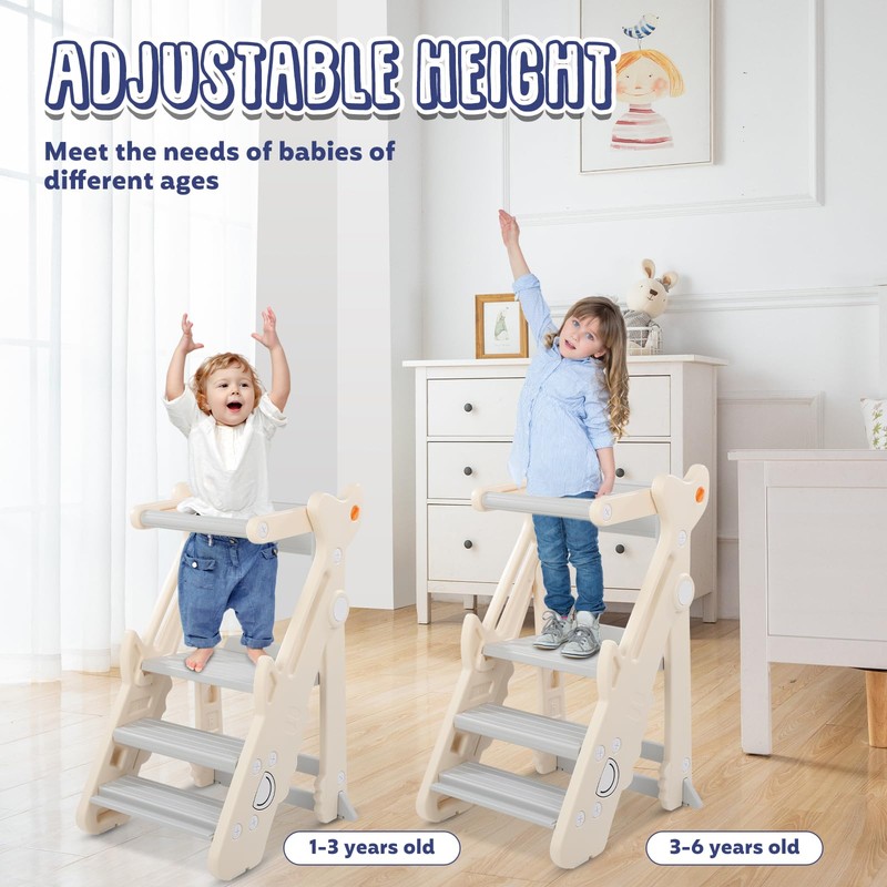 Foldable Toddler Tower, Toddler Kitchen Step Stool Helper, Height-Adjustable Foldable