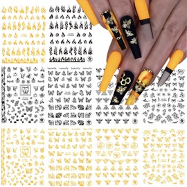 10 Sheets Nail Art Stickers Decals Gold Black Nail Art Decals Bee Butterfly Flame Designs Nail Decals 3D Self-Adhesive Nail Stickers Supplies for Women Girls DIY Manicure Decoration Accessories