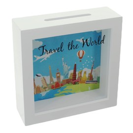 Money Box Money Box 3D-Picture Frame with Clear Front Window Piggy Bank Money Bank Packaging for Money Gifts (Travel The World (White))
