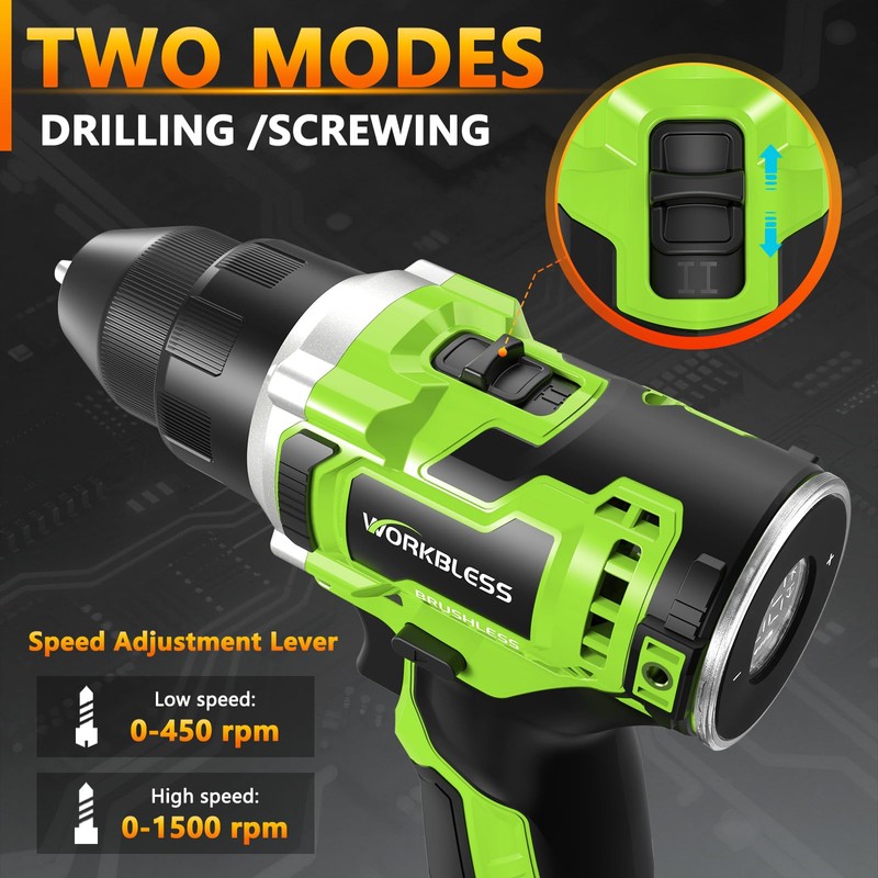 WorkBless 12V Brushless Power Drill, Cordless Drill with LCD Smart