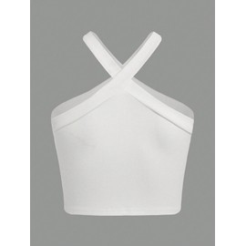 Milumia Girl's 2 Piece Outfits Rib Knit Crisscross Crop Halter Top and Layered Hem Flare Skirt Set Floral White Blue 9 Years