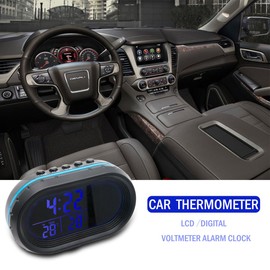 TOTMOX Car Thermometer LCD Digital Clock 12-24 V Multifunctional Temperature Voltmeter Display Electronic Clock Alarm Monitor with 2 Backlights
