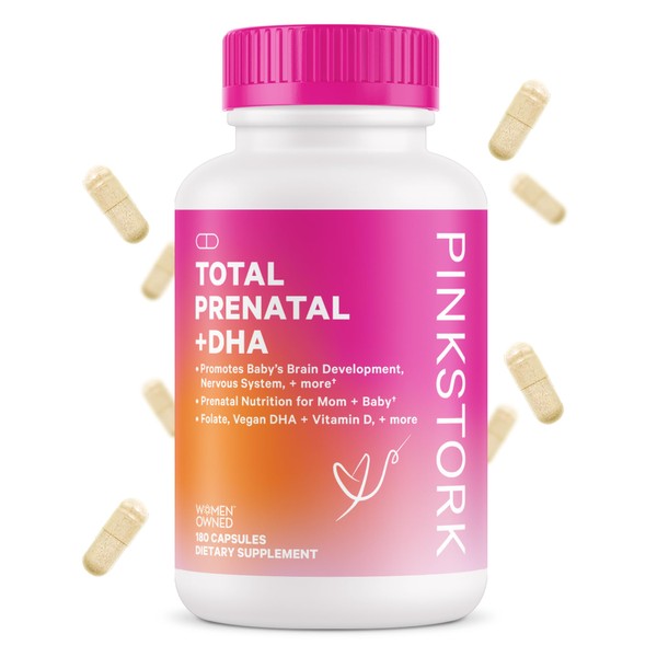 Pink Stork Total Prenatal Vitamins with DHA, Folate, and Iron, 3 Month Supply to Help Support Fetal Development, Pregnancy Must Haves - 180 Capsules