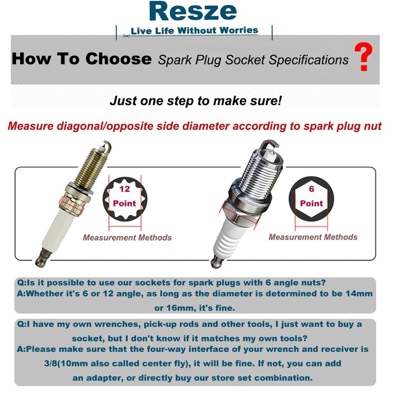 Resze 5/8-Inch（16mm） Thin Wall Spark Plug Socket,12 Points 3/8" Drive