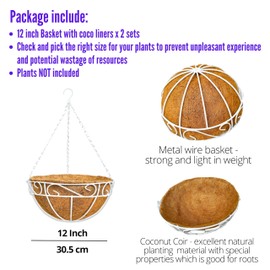 LaLaGreen Hanging Planter for Outdoor Plants (2 Pack, 12 Inch) White Hanging Baskets with Coco Liner, Metal Wire Flower Basket Pots with Hook Hanger Balcony Porch Farmhouse Country Style Garden Decor