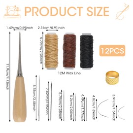 12 Pcs Leather Sewing Kit, Complete Leather Repair Kit Needles, 12m Waxed Thread Cord Drilling Awl Thimble Curved Upholstery Hand Sewing Needles for DIY Crafts Carpet Repair and Sewing Essentials