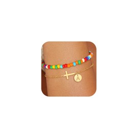 Decholly Colorful Initial Bracelets for Women - Disc Letter A Initial Bracelet Dainty Cross Bracelet Gold Bracelets for Women Gold Jewelry Gifts
