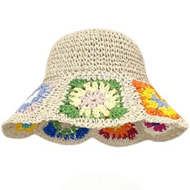 KORADI Women Sun Hats Crochet Granny Square Straw Hat Boho Floral Summer Beach Hats Hollow Out Bucket Hat Beige