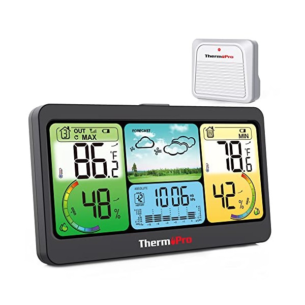 ThermoPro TP280B Weather Station with Swiss-Made Sensor, 1000FT Wireless Indoor Outdoor Thermometer Hygrometer, Digital Inside Outside Weather Thermometer Barometer for Temperature Humidity Monitor