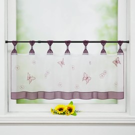 Delien Net Curtain, Voile Bistro Curtains with Loops, Kitchen Short Curtain, Embroidery Butterfly Transparent Rod Curtain, Short Curtain, W x H 120 x 60 cm, Purple
