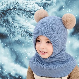 MAMUNU Kids Winter Warm Hat Scarf, Warm Knitted Hood Hat with Double Pom Pom Design, Earflap Beanies Caps with Fleece Lining for Toddlers Girls Boys Blue