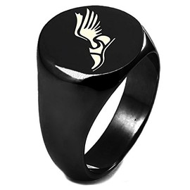 Black IP Plated Sterling Silver Hermes Greek Messenger of Gods Symbol Round Flat Top Polished Ring, Size 12
