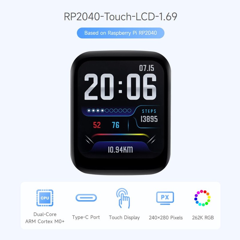 Waveshare RP2040 Microcontroller Development Board 1.69inch Touch LCD, Based on
