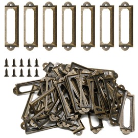 Qjaiune 50Pcs Metal Library Label Holders, File Cabinet Label Frames with Screws, Card Tag Label Holder for Office Drawers Shelves (Antique Bronze, 60x17mm)