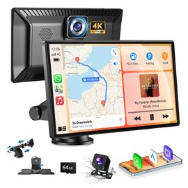Carplay Screen for Car, 9" Portable Wireless Carplay Screen with 4K Dash Cam, 1080P Backup Camera, Car Stereo for Carplay & Android Auto GPS Navigation/Bluetooth/Mirror Link/Voice Control/AUX/FM/Siri