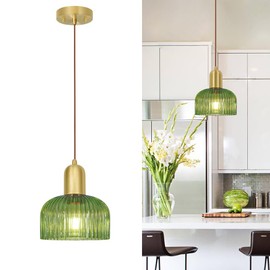 Vintage Green Glass Pendant Light, Ribbed Pendant Light, Brass Gold Pendant Lights Kitchen Island, Minimalist Ceiling Hanging Lamp, Adjustable Hanging Light for Kitchen Island Dining Room Hallway