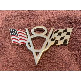 American 2 EA METAL CHROME V8 EMBLEM WITH AMERICAN FLAG CHECKERED FLAG FENDER TRUNK PAIR