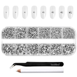 Beadsland Rhinestones for Makeup, 8 Sizes, 2500 Pieces, Crystal Flat Back Rhinestones, Face Gemstones for Nails, Crafts with Tweezers and Wax Pen, Sillable Hematite, SS4-SS30