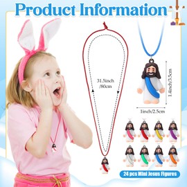 Bememo 24 Pcs Little Jesus Figures Necklaces Original Design Mini Rubber Jesus Figures to Easter Egg Hide and Seek Religious Party Favors Sunday Baptism Gifts, 8 Color