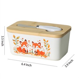 WAIT FLY Fox Ceramic Butter Dish with Bamboo Lid and Knife, 2 Sticks Butter Dish Butter Container Keeper for Kitchen Countertop, Home Decorative-Fox