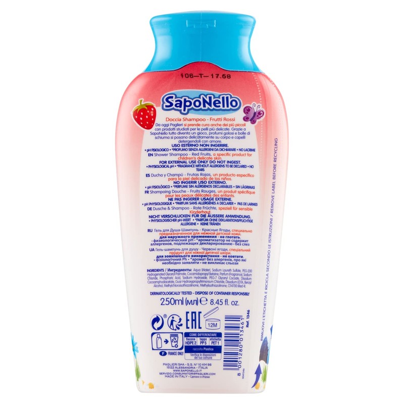 Paglieri Saponello Kids Shower Gel and Shampoo 250 ml Fruti