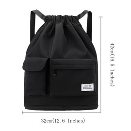FAVORTALK Drawstring Gym Bag Waterproof String Bags with Zipper Drawstring Backpack for Women Men Dry-Wet Separation String Bag for Travel Beach School Sports Swimming Bags for Girls, Black D37208