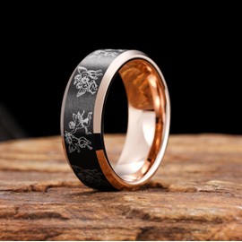 King Will 8mm Tungsten Carbide Wedding Band for Men – Black with Cherub Etching, Rose Gold Beveled Edge, Comfortable & Stylish,Size11