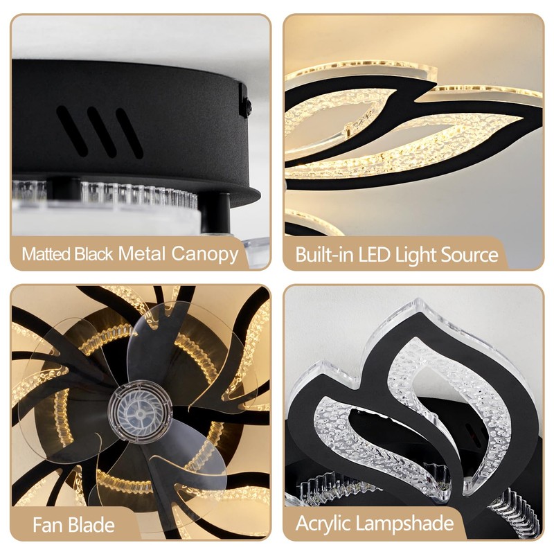 haodengshi 25" Black Geometric Ceiling Fan with Lights and Remote
