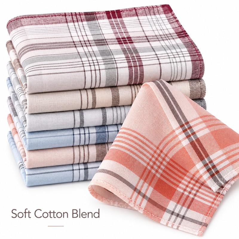 6-Piece Men's Plaid and Striped Handkerchief Set – Classic Polyester-Cotton