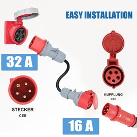 32a to 16a Adapter, High Current Adapter Cee Adapter 32a to 16a with 0.5 m Cable, IP44 Protection, Cee Plug 5 Pin, 5 x 2.5 mm² 400 V