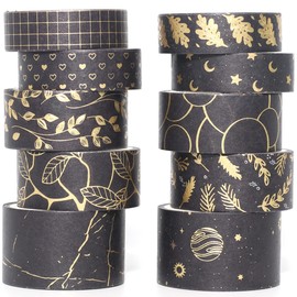 YUBX Creative Washi Tape Set 10 Rolls Gold Foil Print Decorative Masking Tapes for Art, DIY Crafts, Journals, Planner, Scrapbook, Packaging (Gold Dark)