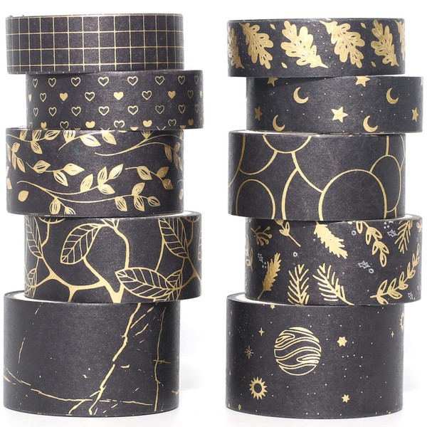 YUBX Creative Washi Tape Set 10 Rolls Gold Foil Print