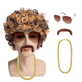 Afro Wig Men Women Fancy Dress Decoration Mullet Wig Men Fancy Dress Costumes Men's Cosplay Wig 70s 80s Outfit for Men Women Sunglasses Necklace Beard (Brown)